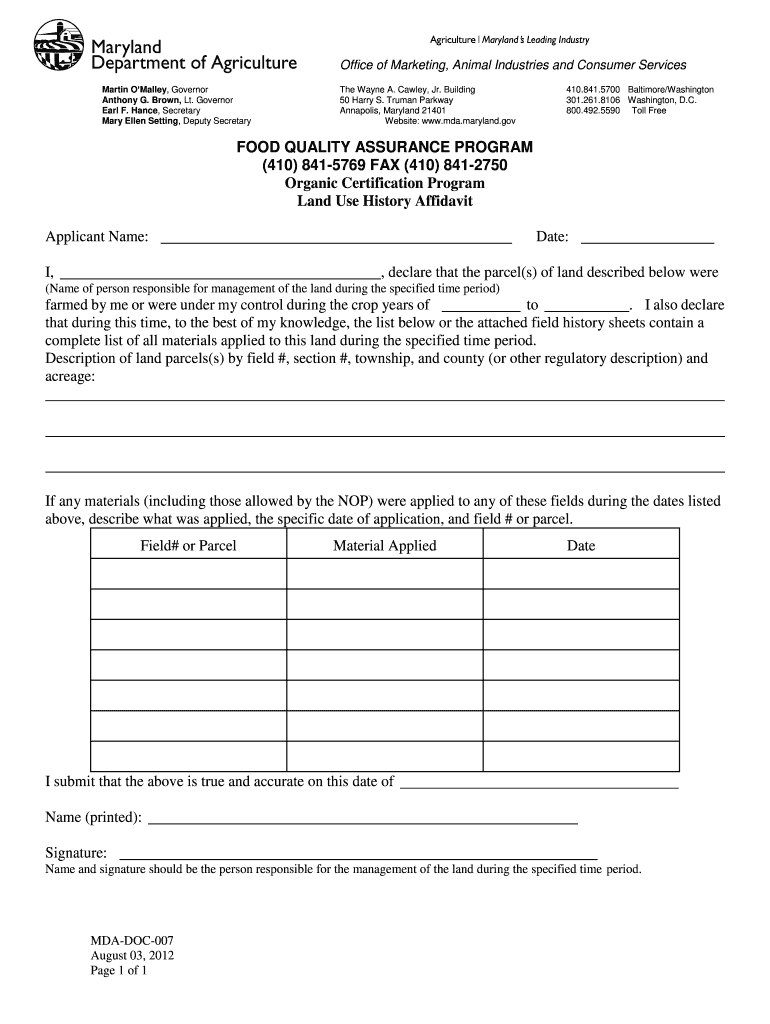 Land Use Affidavit Mda Maryland  Form