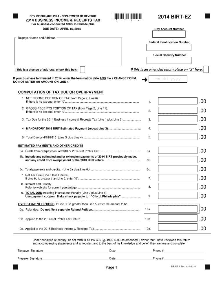  Philadelphia Ez Form 2014