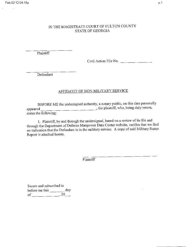 Affidavit of Non  Military Service PDF  State Court of Fulton County  Form