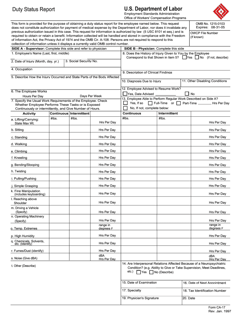 U S Department of Labor Duty Status Report  Blm  Form