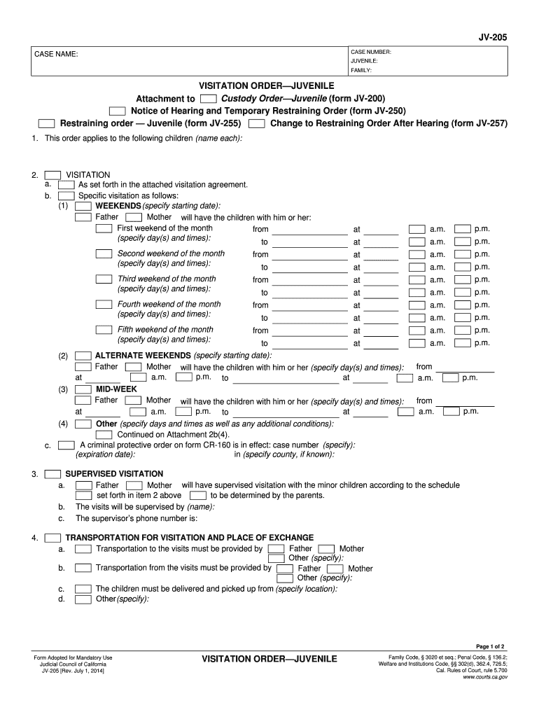 VISITATION ORDERJUVENILE Courts Ca  Form