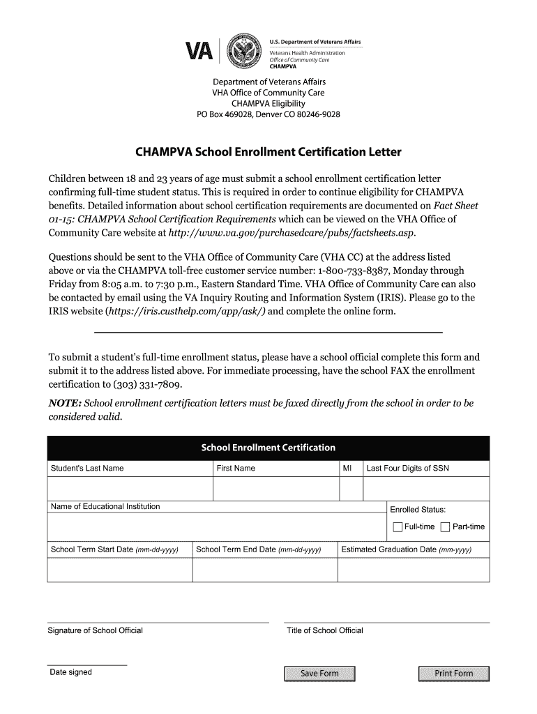  Champva School Enrollment Certification Form 2016