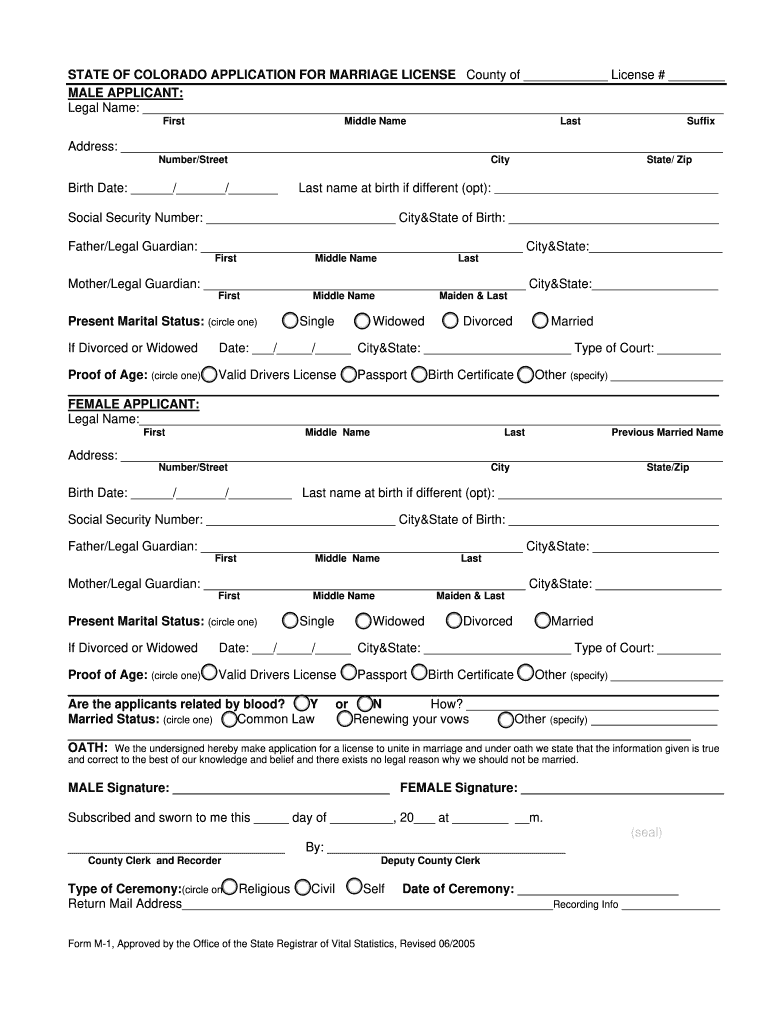  STATE of COLORADO APPLICATION for MARRIAGE LICENSECounty of License #  Colorado 2005