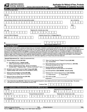 Usps Form 3533 Application for Refund of Fees Products and Withdrawal of Customer Accounts