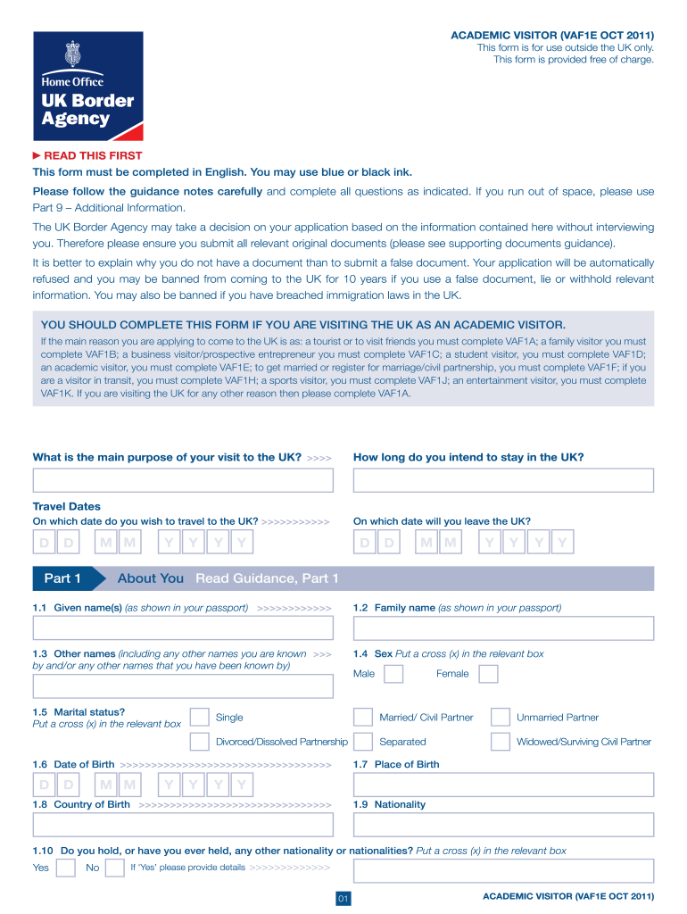  VAF1A Application Form UK Border Agency Home Office 2018