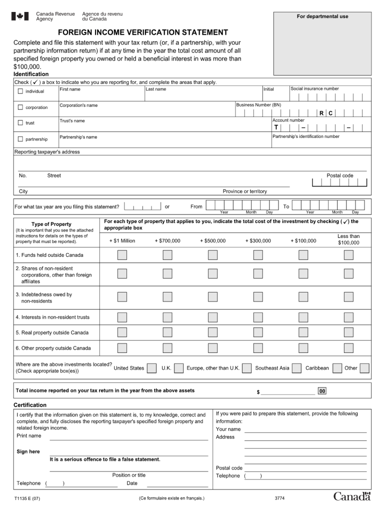  Printable T1135 Form 2019