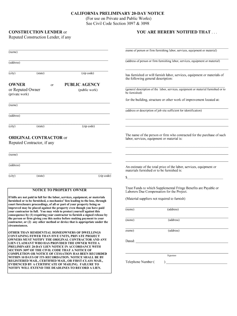  20 Day Preliminary Notice California Form 2004-2024