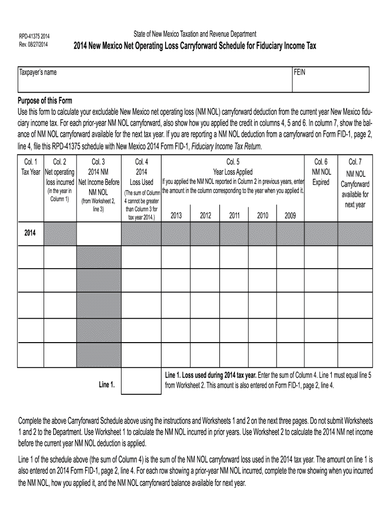  New Mexico Net Operating Loss Carryforward Schedule for Fiduciary Income Tax 2018