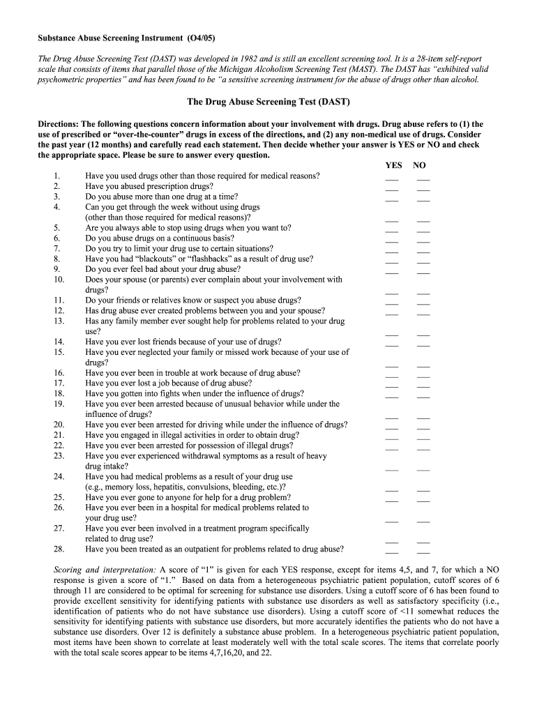 The Drug Abuse Screening Test DAST  Integration Samhsa  Form