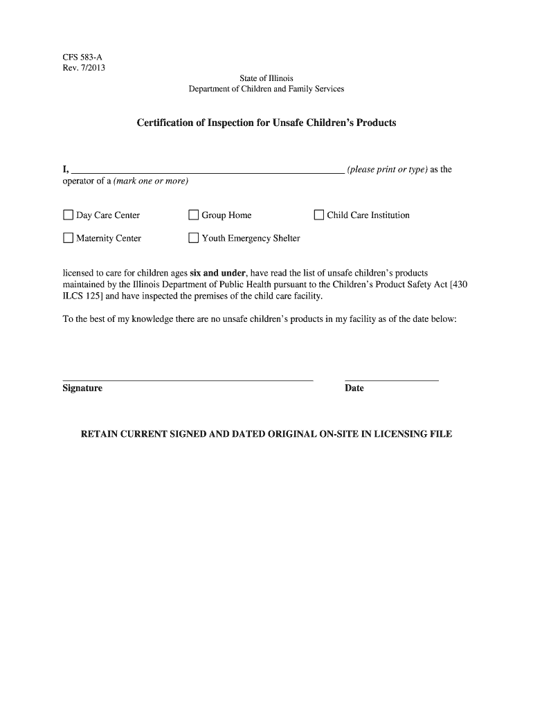 CFS 583 a Certification of Inspection for Unsafe Children&#039;s Products Illinois  Form