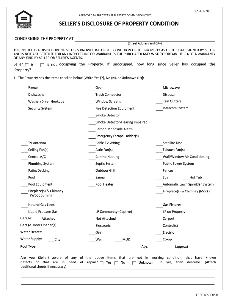  Sellers Disclosure Forms Texas 2011-2024