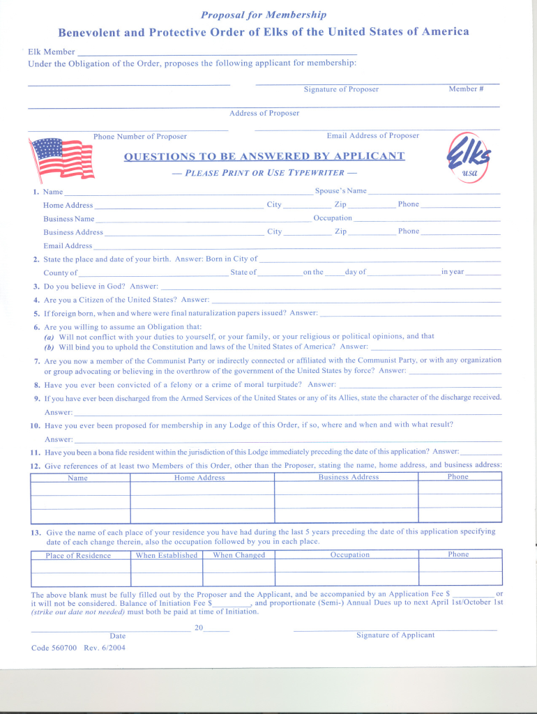  Elks Membership Application 2004-2024