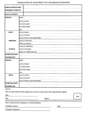 Translation of an Extract of a Household Register  Form