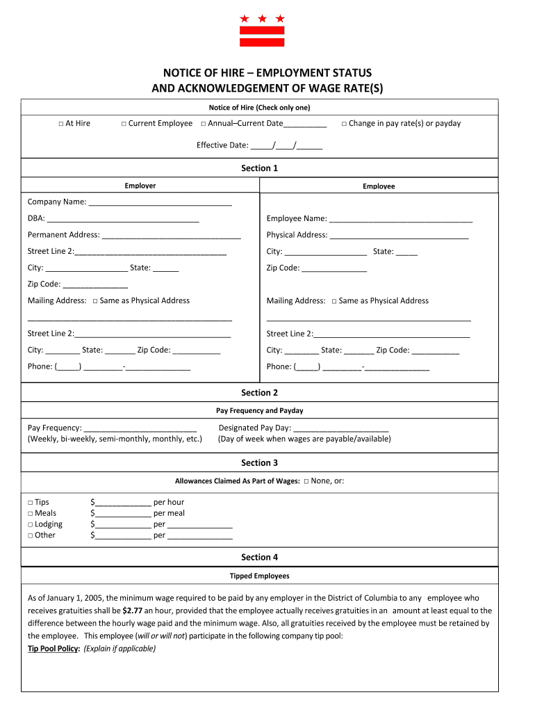 Washington Dc Notice of Hire  Form