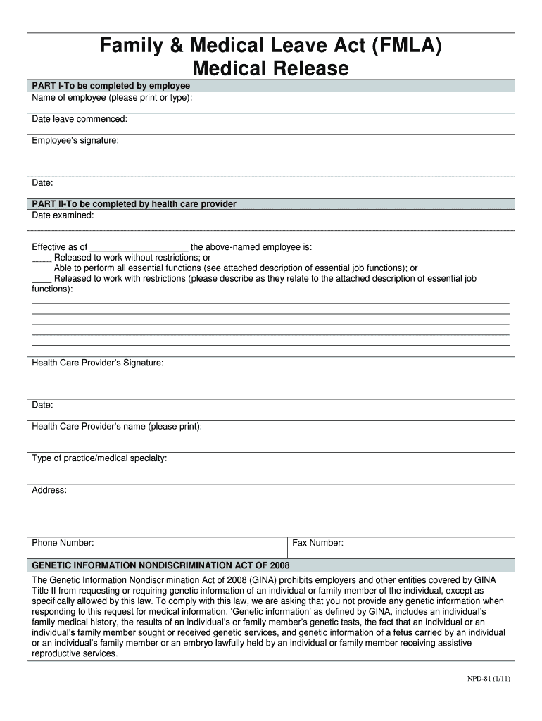  Family & Medical Leave Act FMLA Medical Release 2011