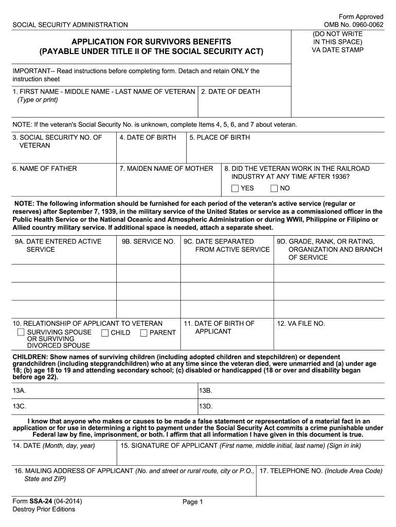 APPLICATION for SURVIVORS BENEFITS Socialsecurity  Form