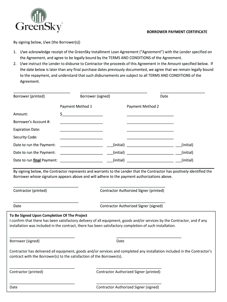 Greensky Certificate of Completion  Form