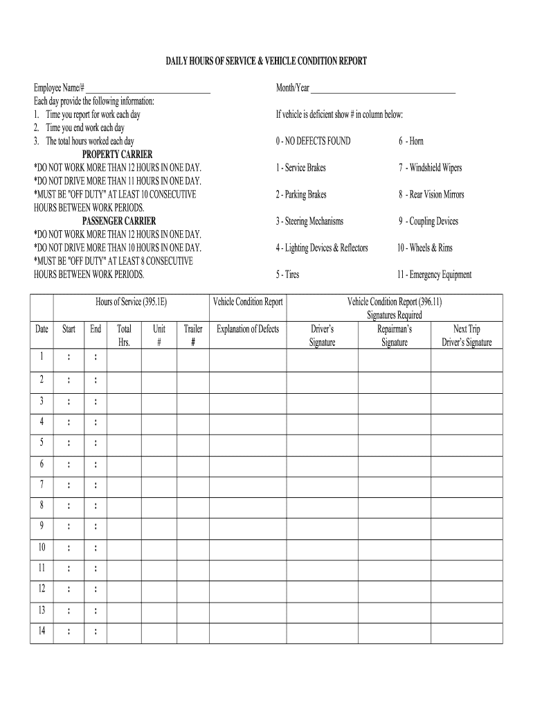 Daily Hours of Service Vehicle Condition  Form