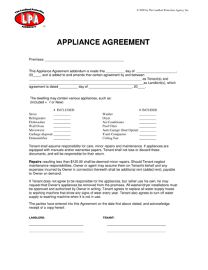 By the Landlord Protection Agency, Inc APPLIANCE AGREEMENT Premises This Appliance Agreement Addendum is Made This Day of , 20 ,  Form