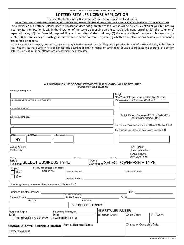 Ny Lottery Retailer Application  Form