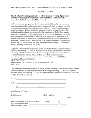 Affidavit for Previously Owned Manufactured Mobile Home Krs 227 605  Form