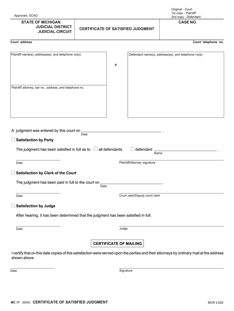 MC17, Certificate of Satisfied Judgment Courts Mi  Form