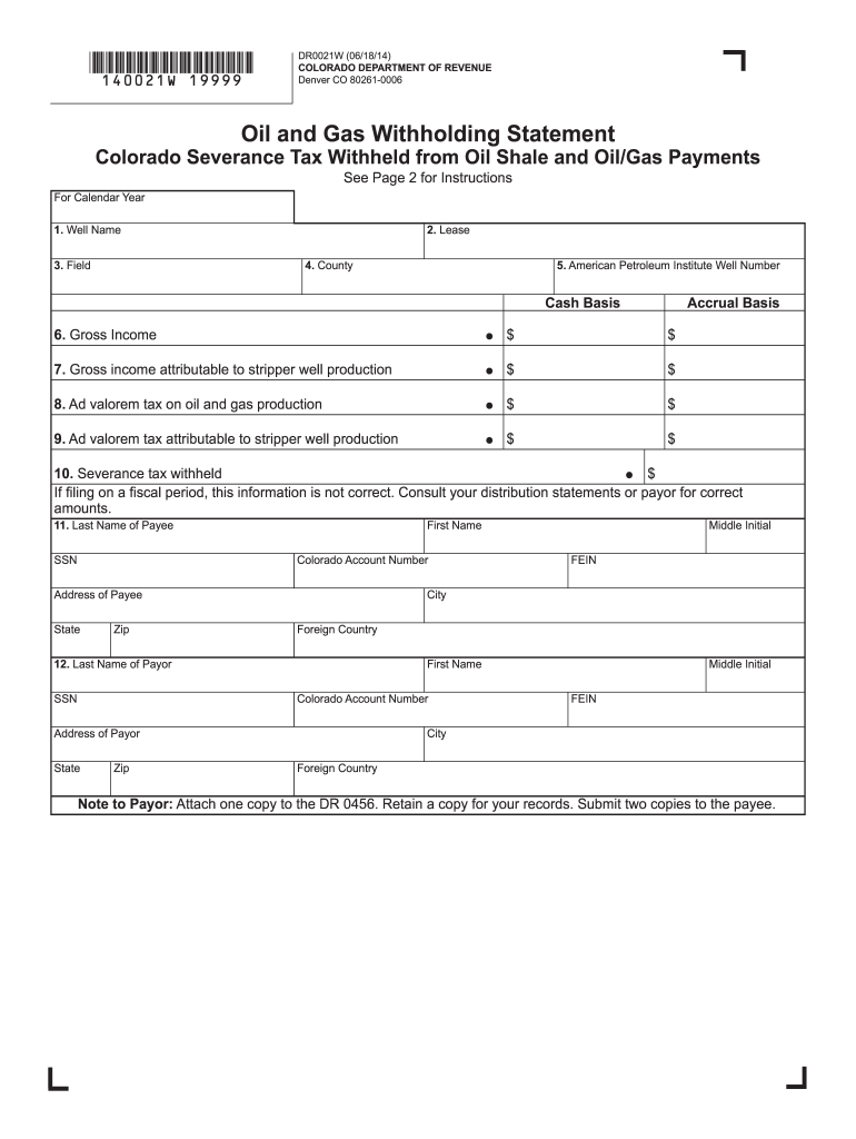 Get and Sign Oil and Gas Withholding Statement DR 0021W  Colorado 2014 Form