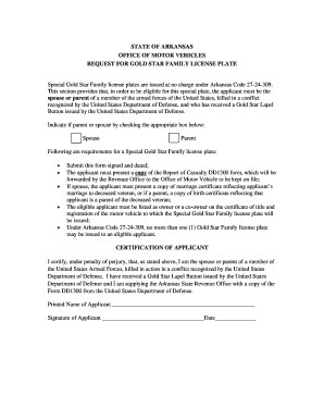 Arkansas Gold Star License  Form