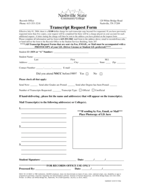 NSCC Transcript Nashville State Community College  Form