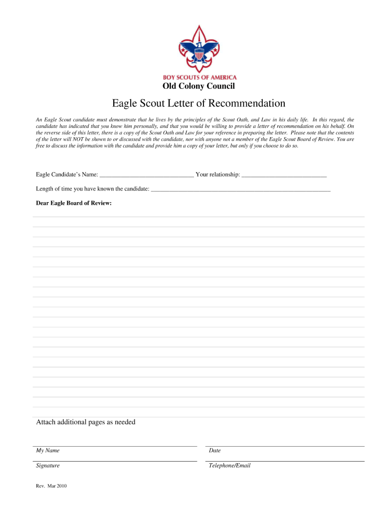 Blank Eagle Scout Letter of Recommendation 2010-2022: get and sign the form in seconds