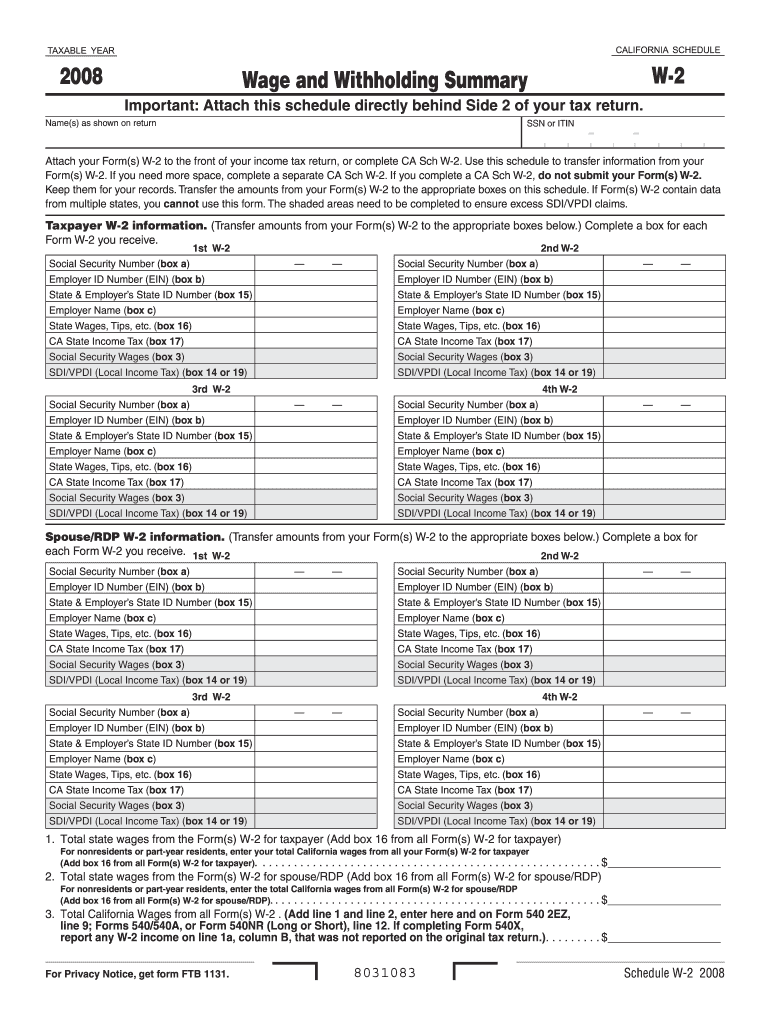  Schedule W 2 Wage and Withholding Summary Ftb Ca 2008