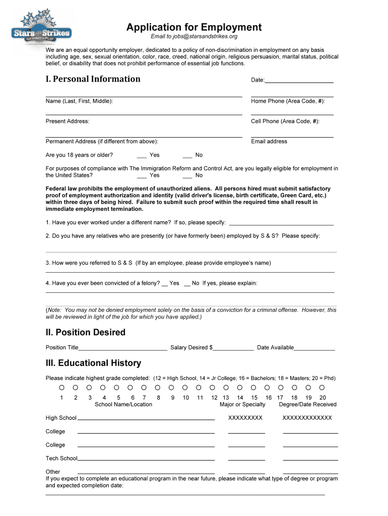 Stars and Strikes Application  Form