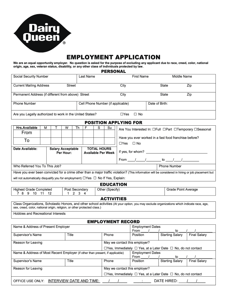 Dairy Queen Application PDF  Form