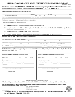 Application for a New Birth Certificate Based on Parentage  Form