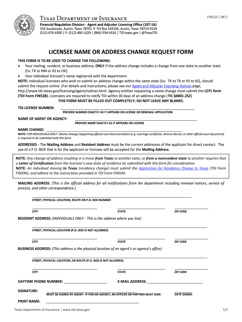  THIS FORM is to BE USED to CHANGE the FOLLOWING  Tdi Texas 2015-2024