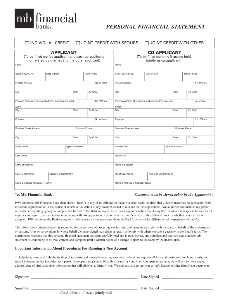 Financial Bank Personal Statement Form