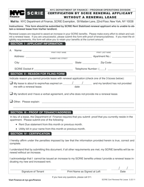 SCRIE Cert Renewal When No Lease NYC Gov  Form