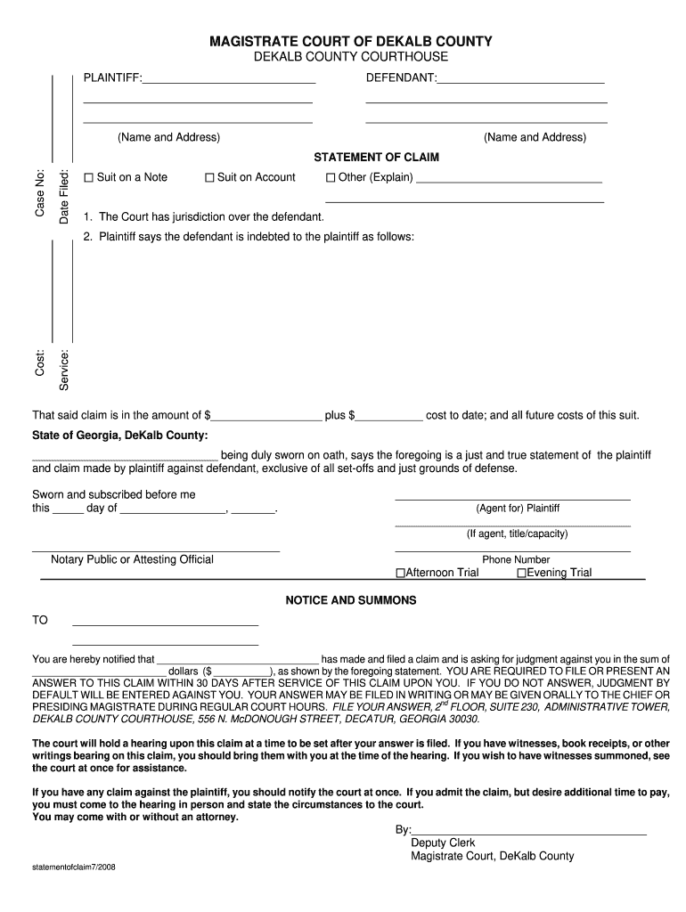  Dekalb State Court Forms Answer to Caim Dimissial 2008-2024