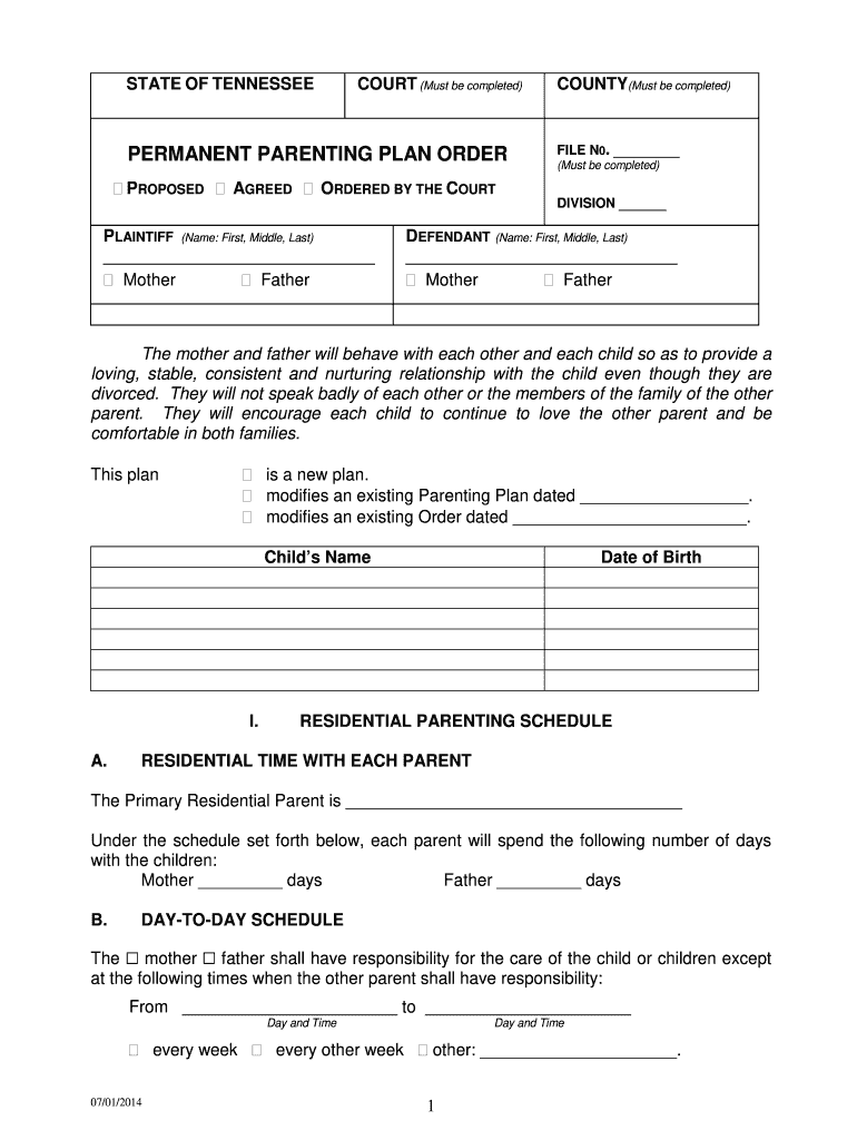  Tennessee Fillable Permanent Parenting Plan Form 2014