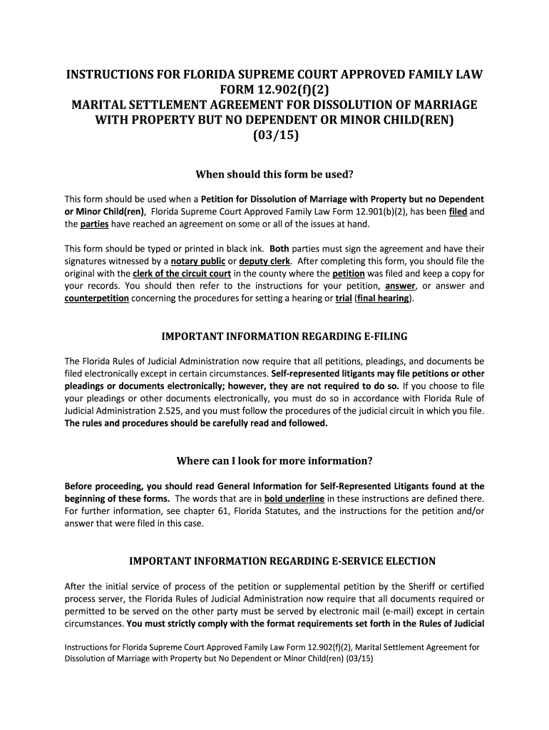  Florida Supreme Court Approved Family Law Form 12 902f2, Marital Settlement Agreement for Dissolution of Marriage with Prope 2015-2024