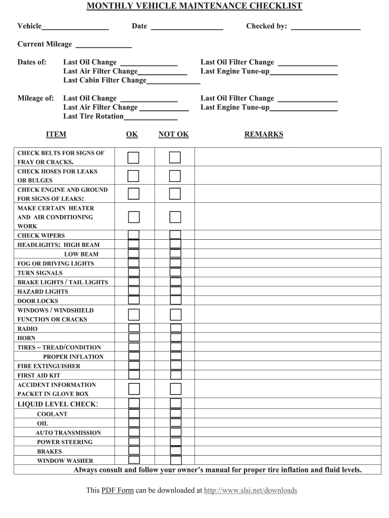 Commercial Vehicle Maintenance Checklist PDF  Form