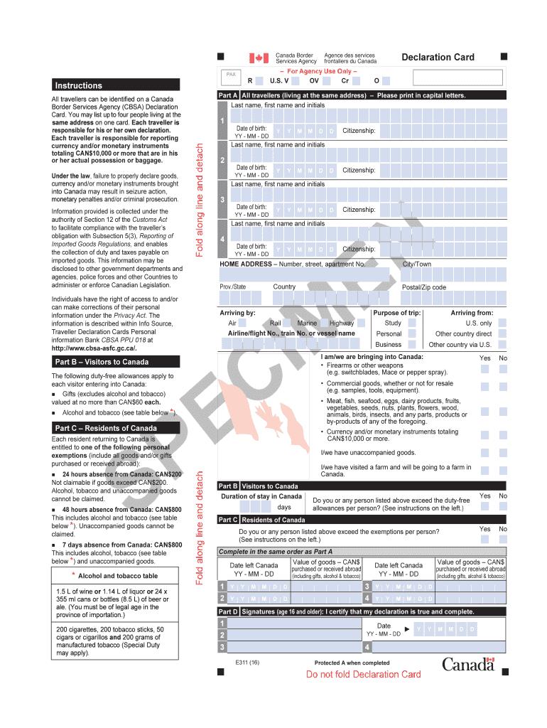 Canada Declaration Card  Form