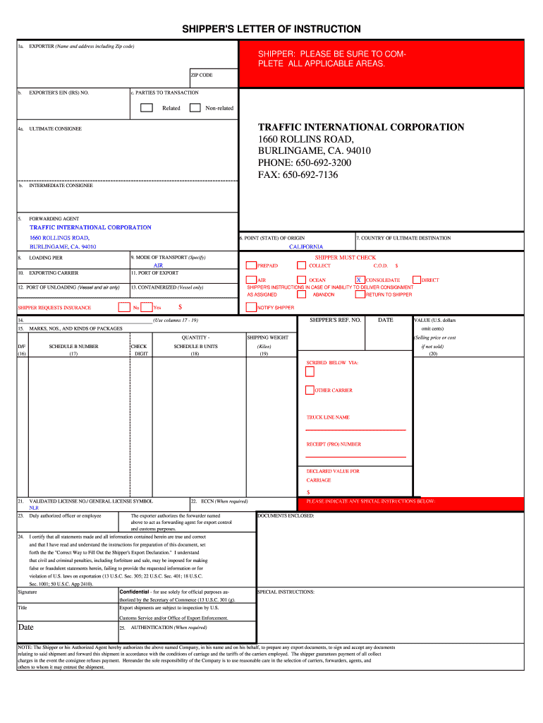 Blank Shipper's Letter of Instruction PDF  Form