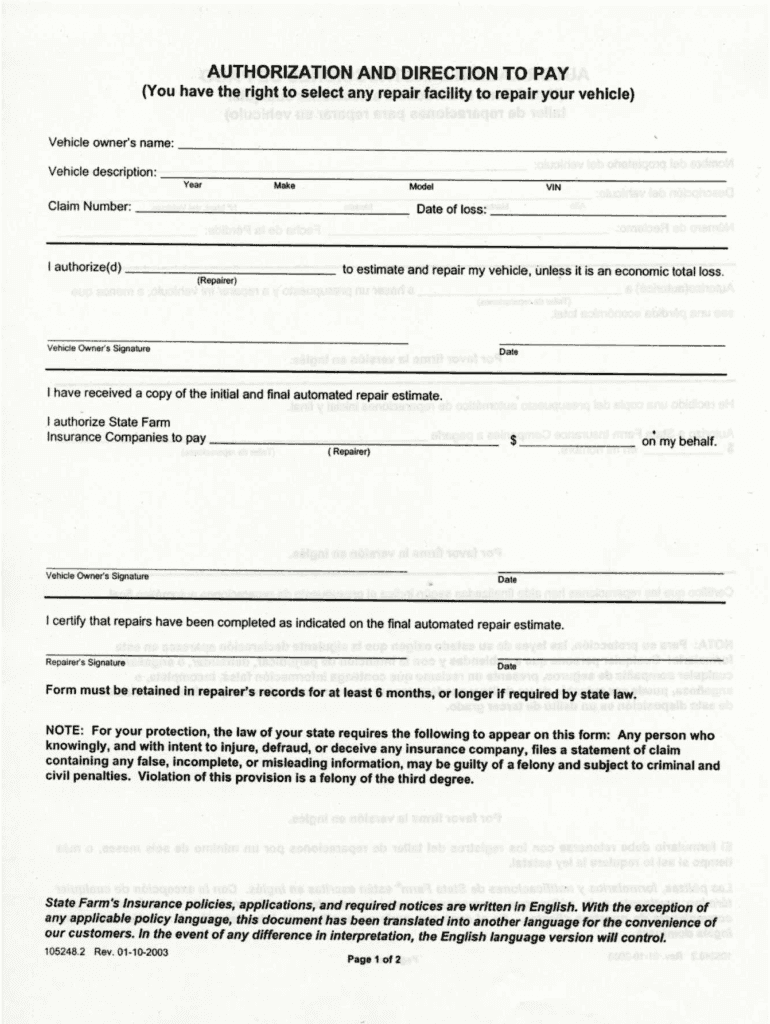  State Farm Direction to Pay Form 2003-2024