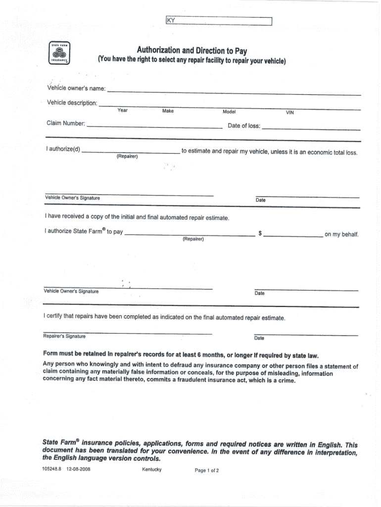 State Farm Authorization to Repair Form