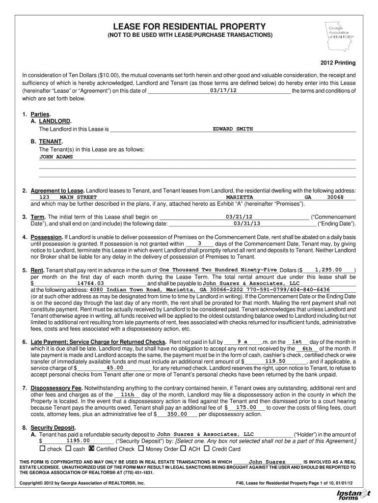 Georgia Realtors Lease Agreement  Form