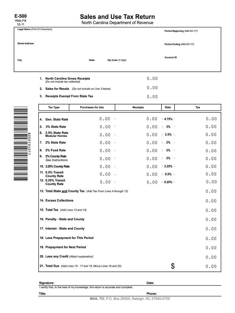  Nc Department of Revenue Sales and Use Tax E500 Form PDF Download 2014