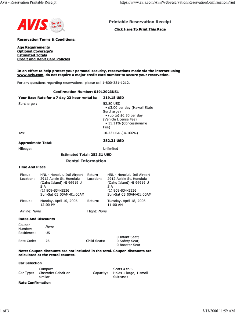 Avis Reservation Printable Receipt NASA  Form