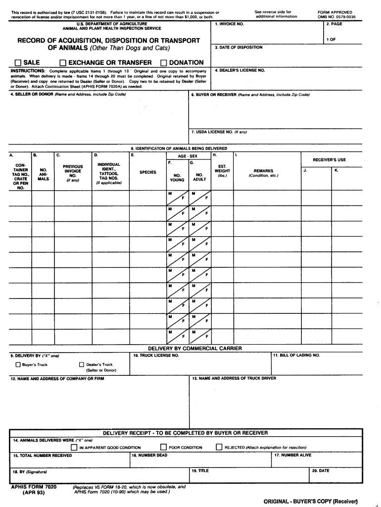 APHIS Form 7020