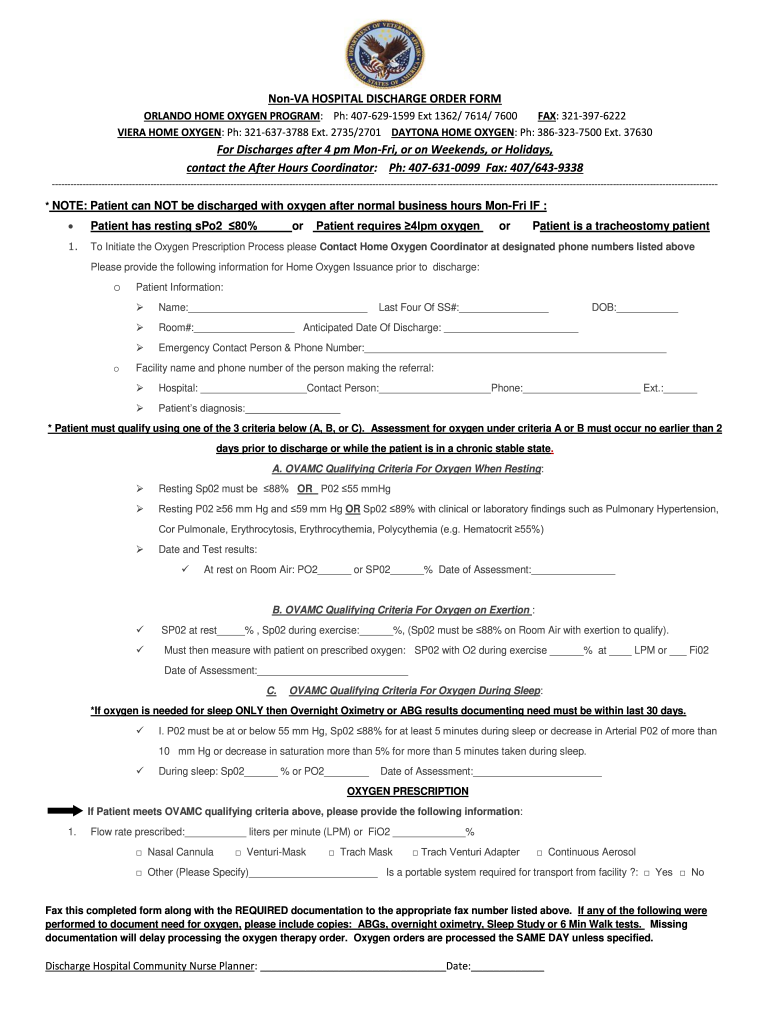 Non VA HOSPITAL DISCHARGE ORDER FORM for Discharges